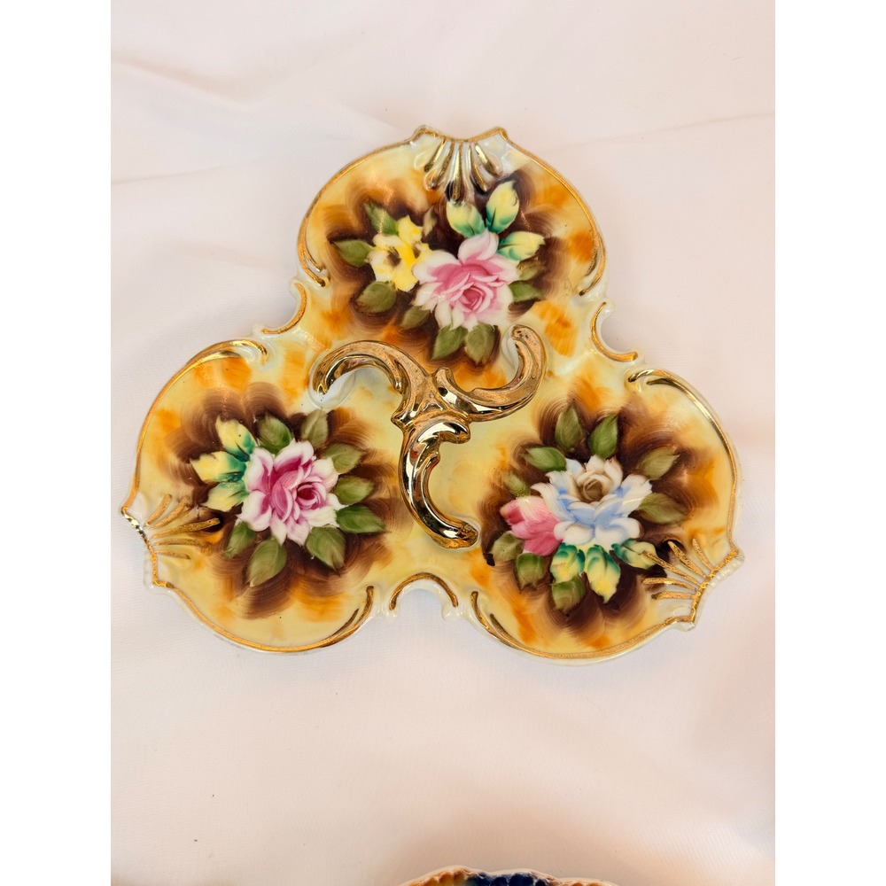 Vintage Enesco Japan Floral 3 Section Candy Dish Gold Trim E2370 Rose Server